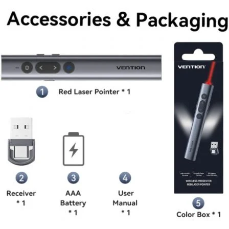 Vention Presentador Inalámbrico KQIH0 con Láser Rojo, Gris, USB-A y USB-C Vention Presentador Inalámbrico KQIH0 con Láser Rojo, Gris, USB-A y USB-C